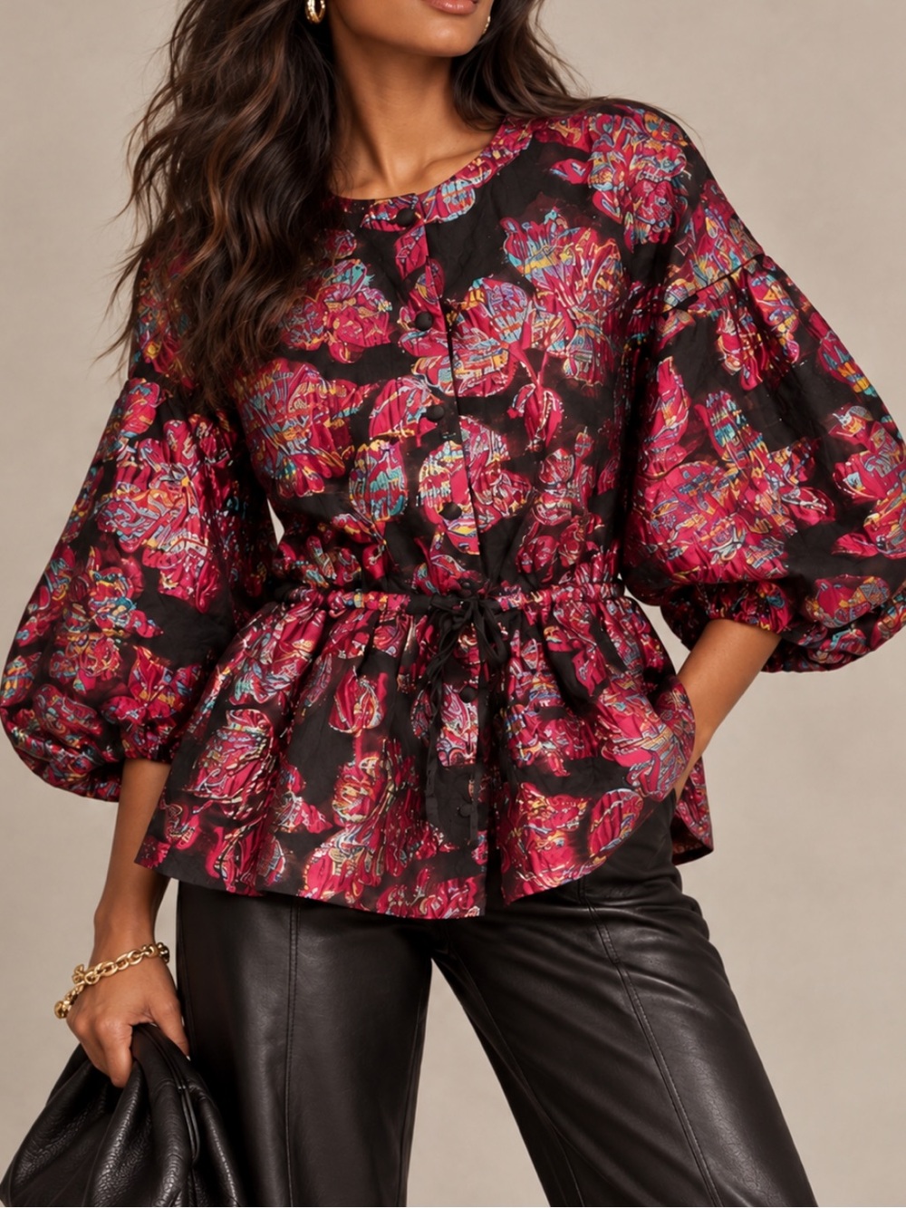 AKIRA Metallic Floral Jacquard Puff Sleeve Peplum Jacket Size Large